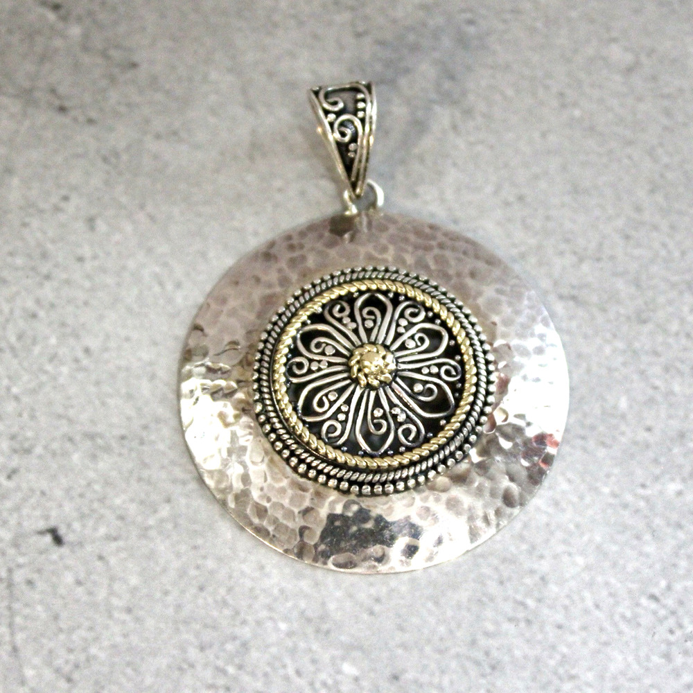 Sterling Silver and 14K AE Arts Elegance Medallion Hammered finish Pendant